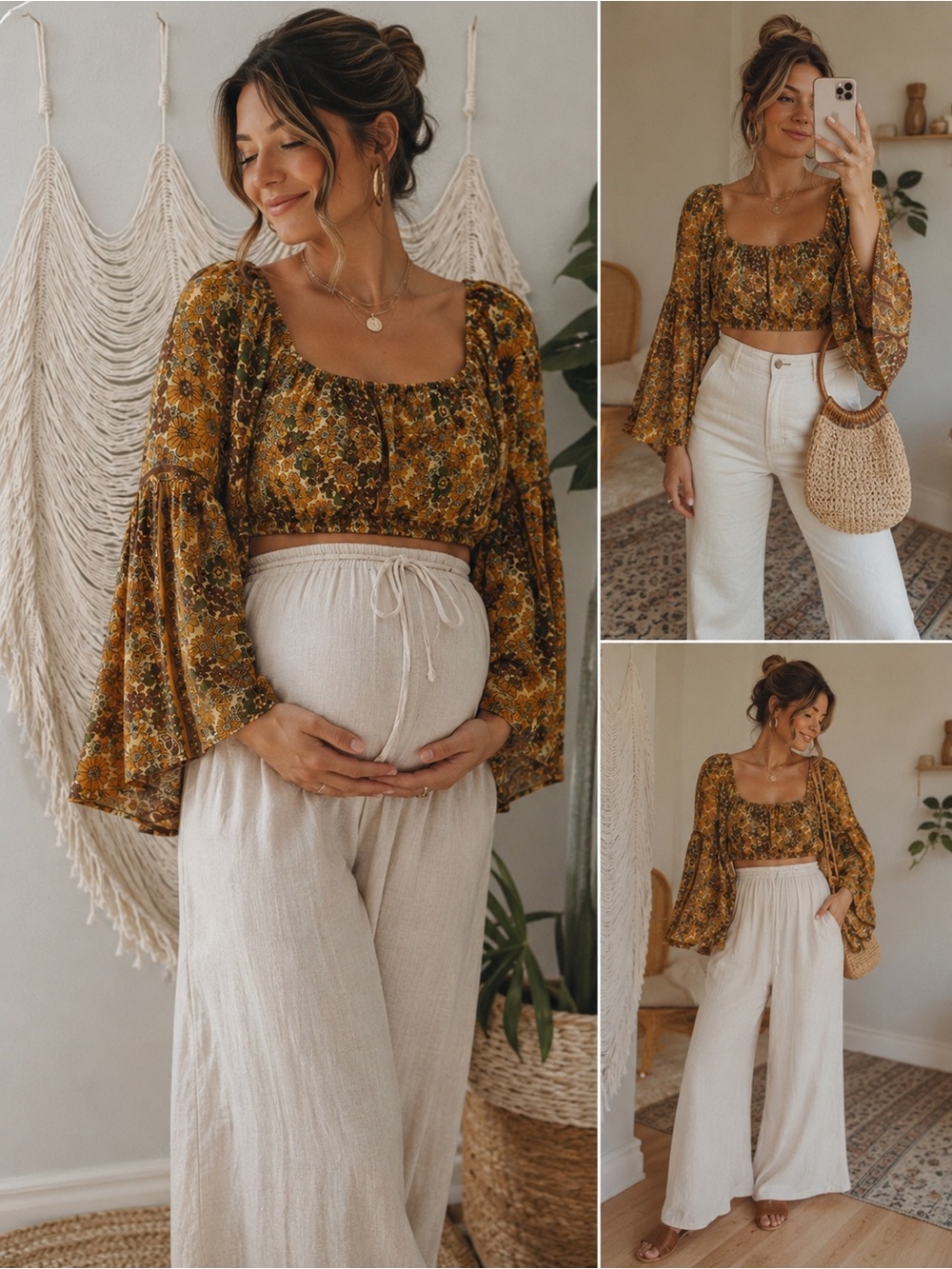 Bohemian Floral Square-Neck Crop Top in Mustard